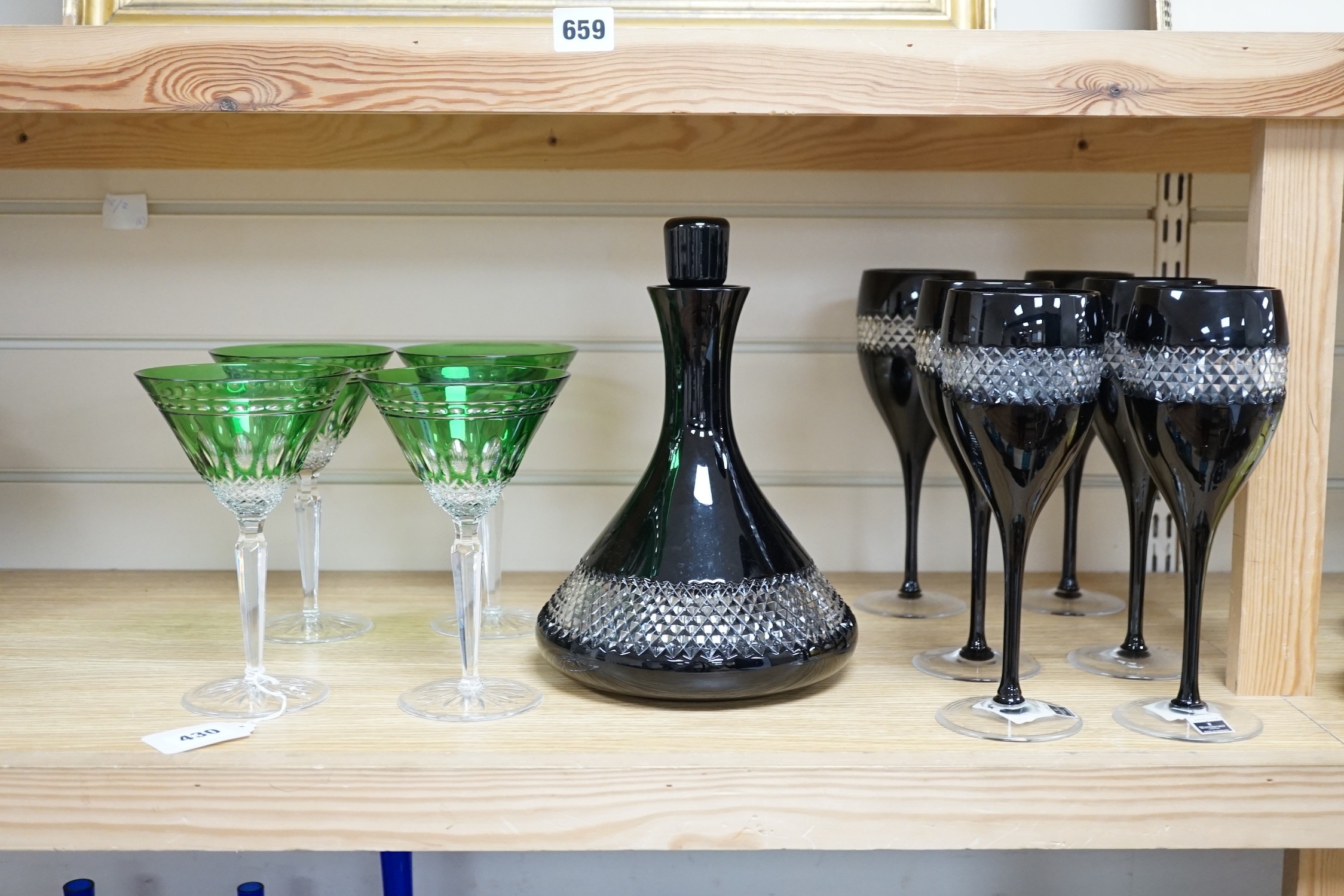 A set of four Waterford Martini glasses, 18cm, a set of six Waterford wine glasses and matching decanter